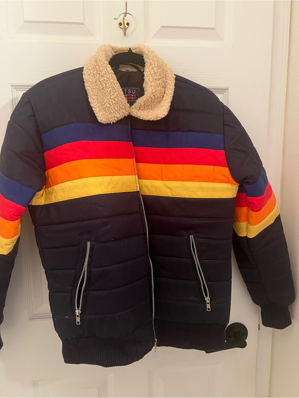 Navy Sherpa Collar Puffer Jacket with Rainbow Stripe